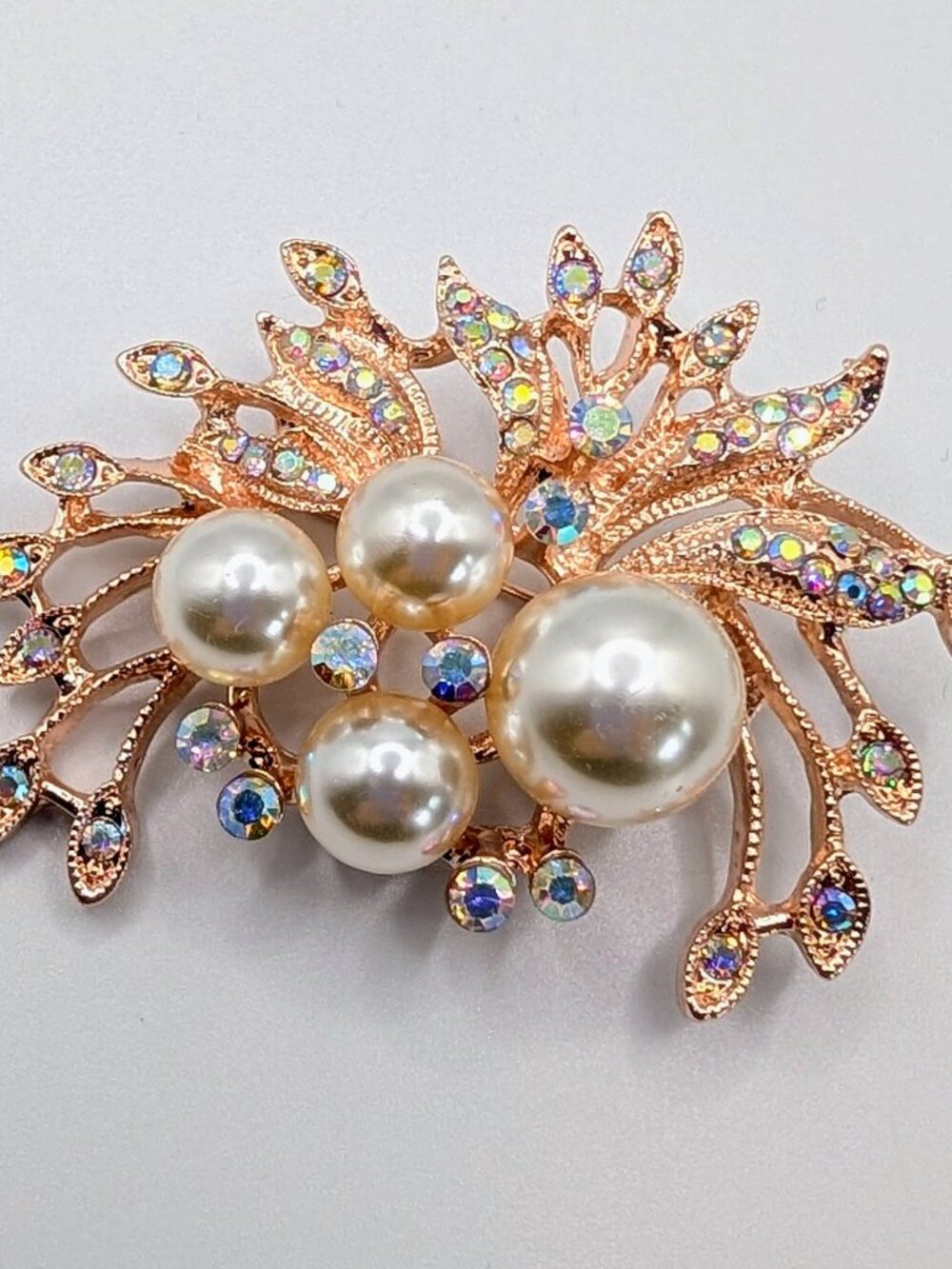 Floral Brooch with Shimmering Rhinestones - Rose Gold Tone - NWOT